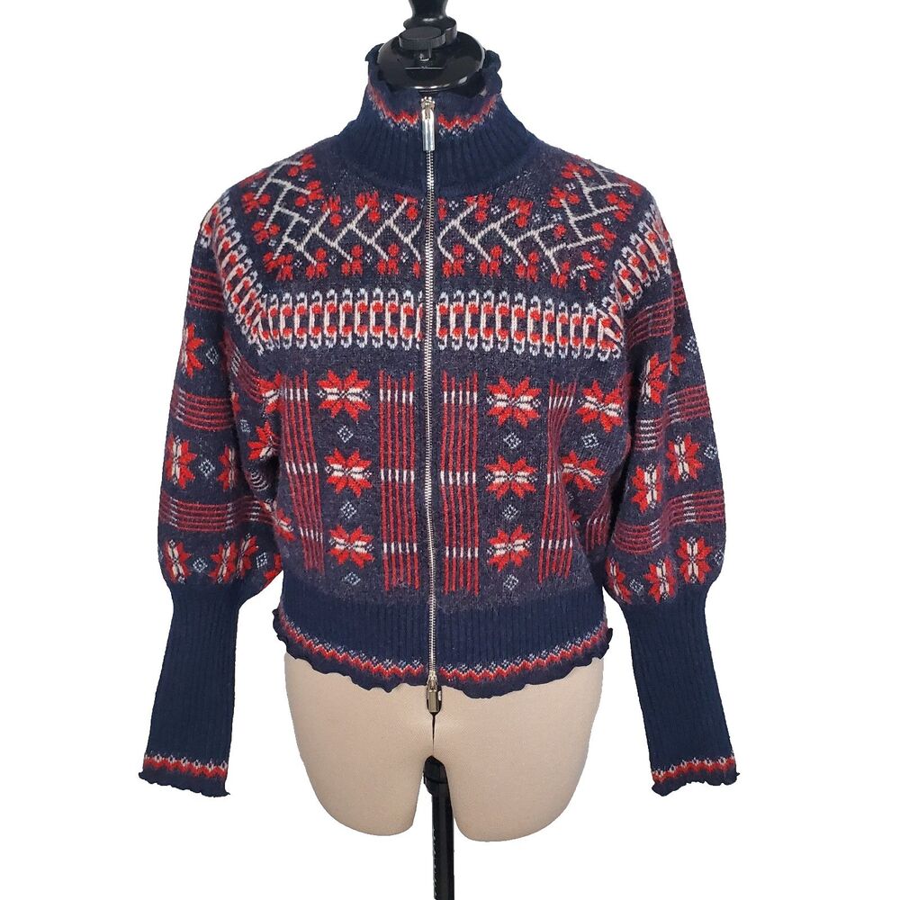 House of Harlow 1960 Women's Fair Isle Mock Neck Cardigan Medium Blue Red NWT